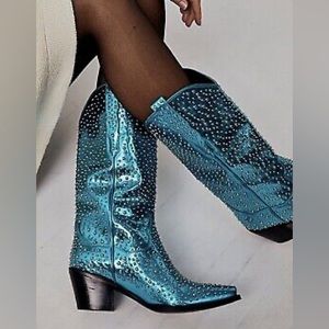 NWT Free People Jeffrey Campbell Dagget Studded Western Boots in Metallic Blue